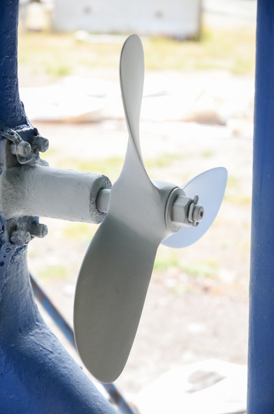 Ready for launch; Rainbird's propeller after three coats of Zinc Coat Barnacle Barrier.