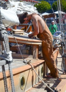 Wooden boat building and repair can be very satisfying work. Here a schooner is being worked on at the Victoria Classic Boat Festival.
