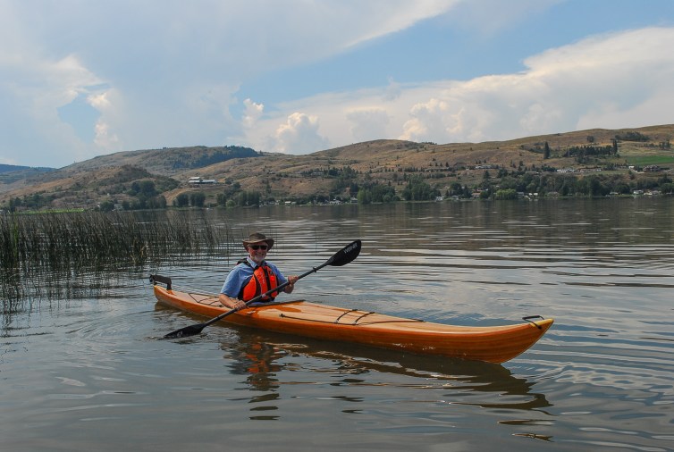 The author's freshly finished kayak on Swan Lake, Vernon, BC.